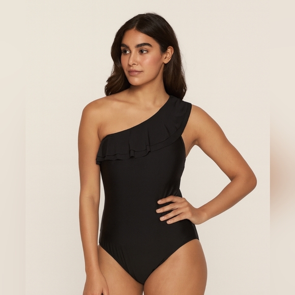 Spanx Slimming One Shoulder Ruffle Swimsuit Black One Piece - Picture 1 of 5